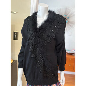 Vintage Bonnie and Bill by Holly Black Feather Lace V-Neck Sweater L